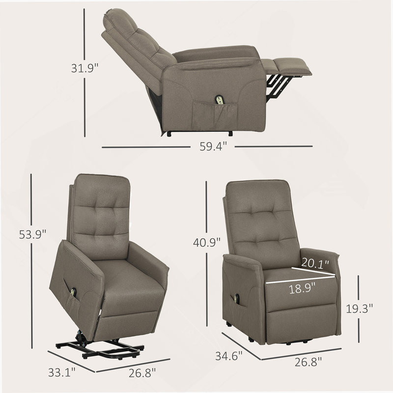 Fauteuil électrique pour personnes âgées, avec télécommande, poches latérales, assemblage rapide, Lin café