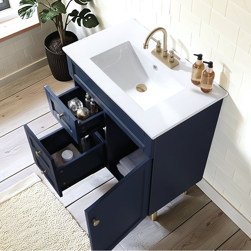 Ensemble de meuble-lavabo simple autoportant moderne 30 po avec plateau en céramique Taziyah, Marine