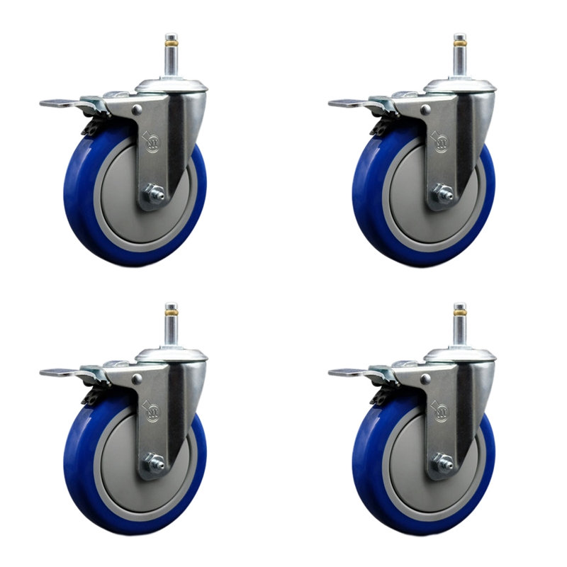 Ensemble de roulettes à tige pivotante en polyuréthane 5 po 7/16 po avec frein de verrouillage total, Bleu