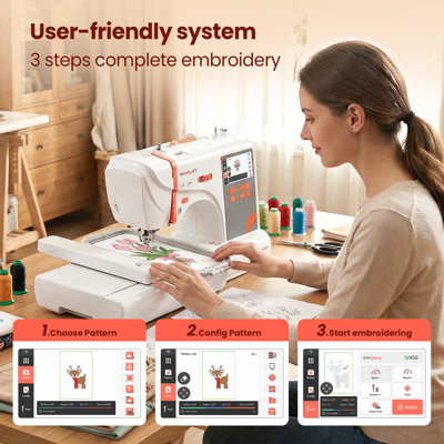 Machine à coudre et à broder informatisée Poolin EOC03RE (2in1), zone de broderie de 9,2 po x 4 po, écran tactile ACL de 4,3 po, 8 fontes, 12 langages, 154 motifs de fantaisie, USB et sans fil, logiciel, 2 cerceaux, bricolage fait à la main, cadeaux pour femmes