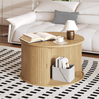 Mid-Century Modern Round Coffee Table with Storage, 28-Inch Fluted Accent Table, Sliding Tambour Door for Living Room