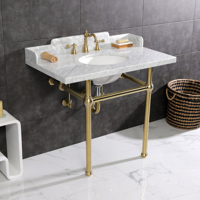 Kingston Brass Pemberton 36-Inch Carrara Marble Console Sink with Brass Legs (8-Inch, 3-Hole), Marble White/Brushed Brass