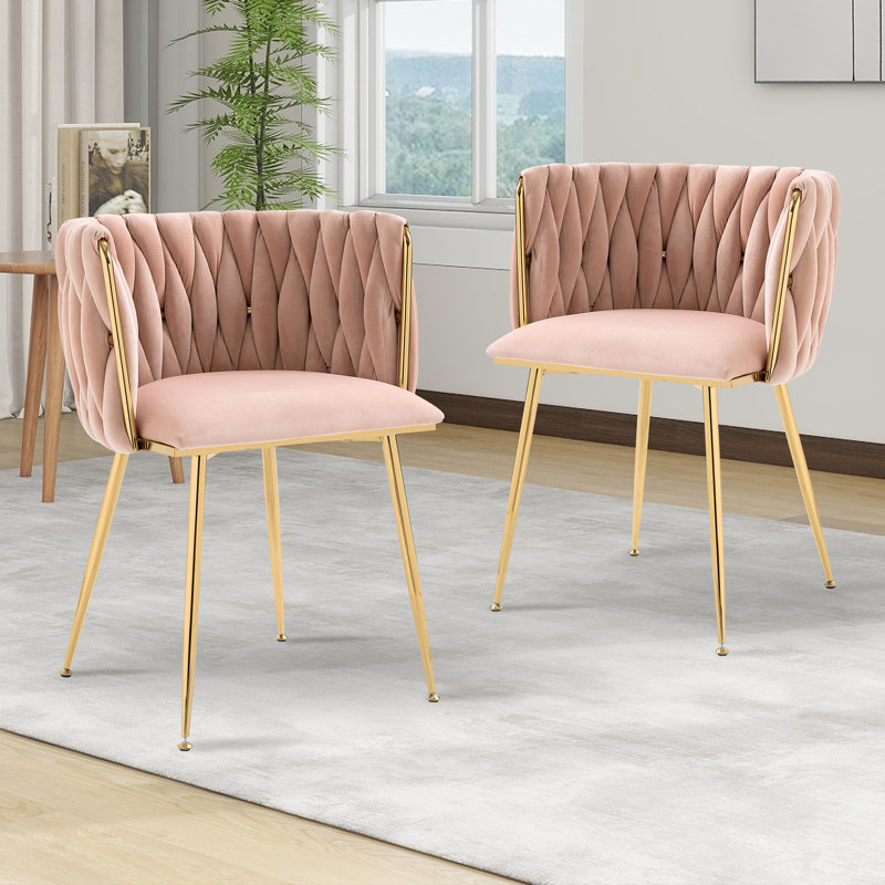 Ensemble de 2 chaises de salle à manger, chaises en velours avec pieds en métal doré, chaises d'appoint capitonnées pour salon et salle à manger modernes (rose)