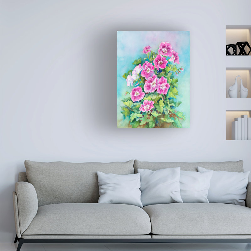 «Hot Pink Blush Geraniums» par Joanne Porter - peinture sur toile tendue, H 19 po x l 14 po