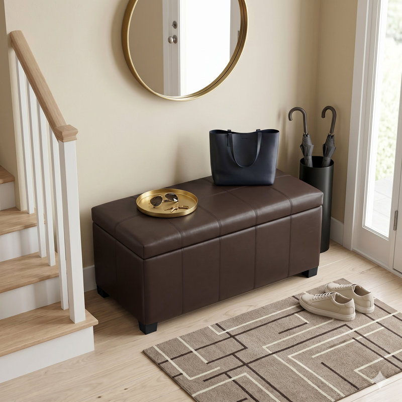 Dover 36"W Upholstered Contemporary Rectangular Storage Ottoman with Lift Top, Chocolate Brown Faux Leather