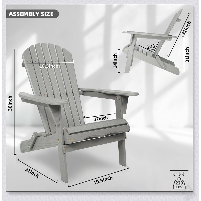 Solid Cedar Wood Adirondack Patio Chairs Set Of 2 With Embossed Grain Design For Outdoor Comfort And Style, Light Gray