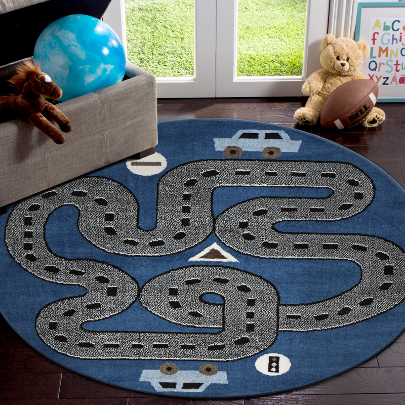 Bowie Playroom Geometric Rug, Round 4'8", Gray/Blue