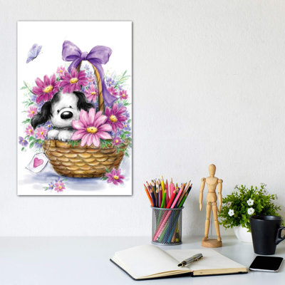 «Gray Dog in Basket» par Makiko - impression d'art graphique