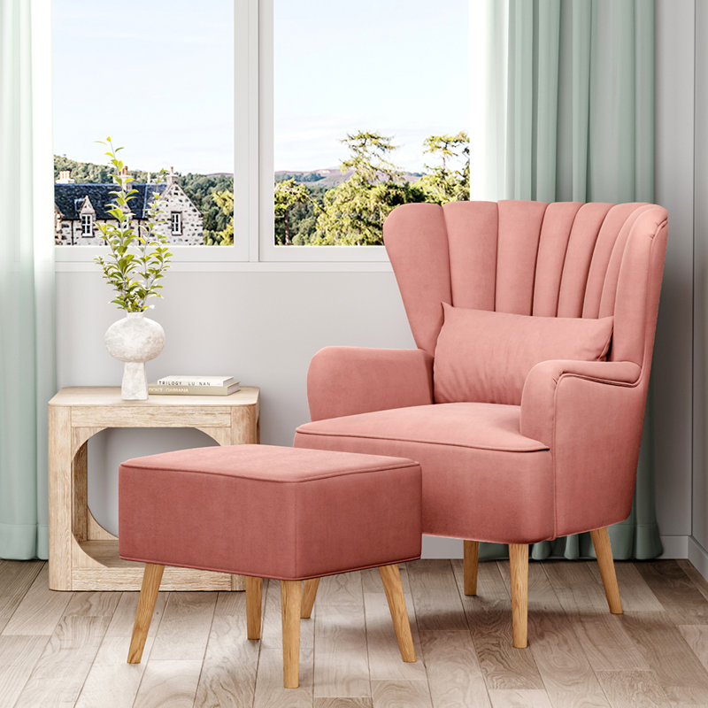 Tybalt Velvet Wingback Chair With Footstool, Pink