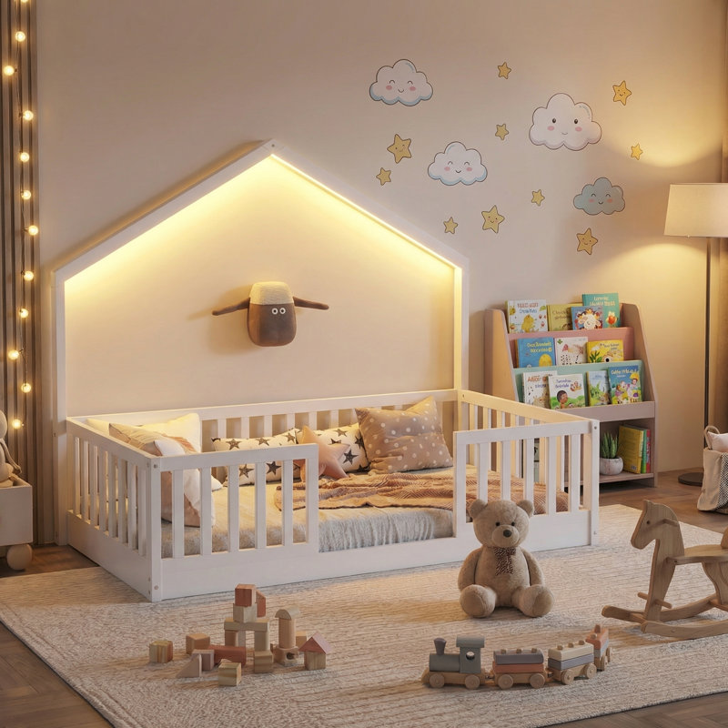 Lit simple pour lit simple Montessori avec lumière DEL, lit plateforme pour enfants en bois massif avec rails de sécurité complets, cadre de lit à profil bas, blanc