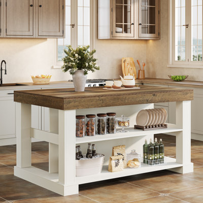 Kitchen Island With Storage Shelves, 55 Inch Kitchen Shelf With Large Worktop, Stable Wooden Structure, Farmhouse Style by Millwood Pines
