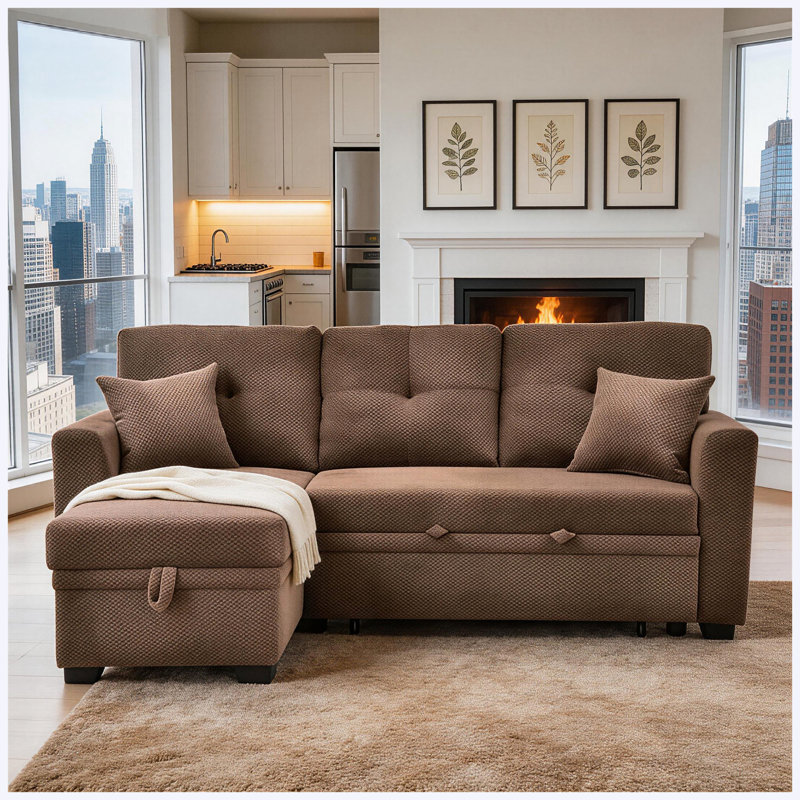 Canapé-lit modulaire convertible en L avec lit escamotable, méridienne réversible et rangement, mobilier de salon pour petit espace