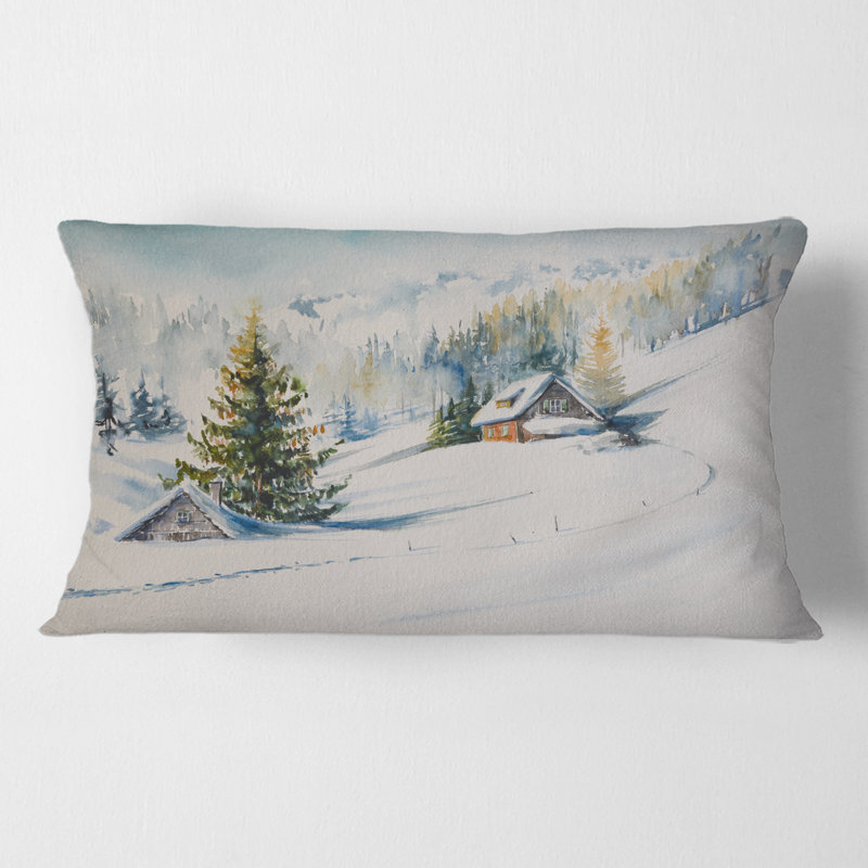 Rectangle, petite maison dans les montagnes d'hiver - Coussin décoratif imprimé traditionnel