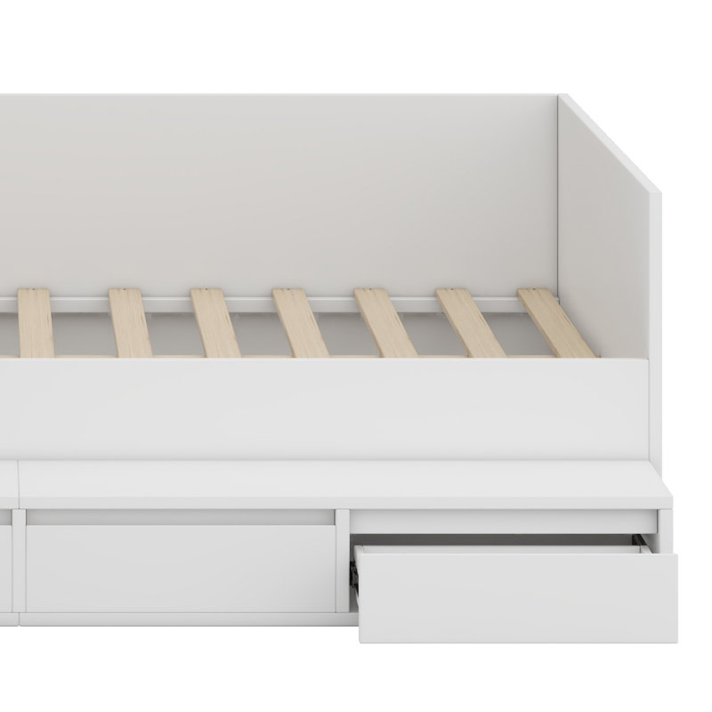 Lit plateforme en bois avec tiroirs, tablettes et coiffeuse, Blanc