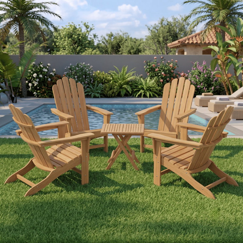 Teak Adirondack Chair Set with Table 5PCS, 1 Square Table + 4 Chairs