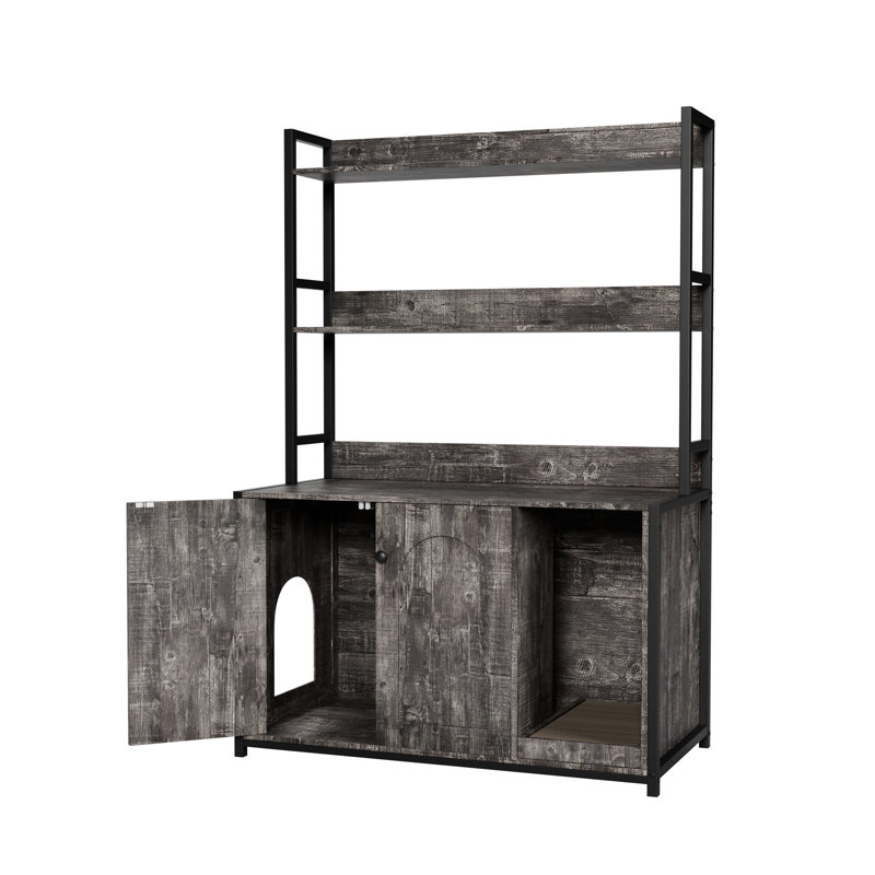 Enceinte de litière pour chat gris avec rangement pour tablette, configuration à double porte et bloc-notes, portes de configuration de salle de bain cachées, armoire intérieure fiable