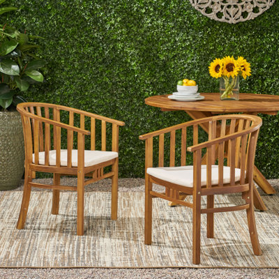 Durable Outdoor Wooden Dining Chairs With Water-Resistant Cushions, Set Of 2, Ideal For Patio And Garden