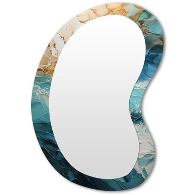 Franja Ocean White And Blue Currents II - Ocean Asymmetrical Decorative Wall Mirror, Turquoise Unique Shape Mirror, Printed Metal Art