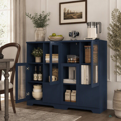 Wooden Floor Cabinet With 2 Glass Doors And 2 Storage Space,Living Room Bathroom Entryway