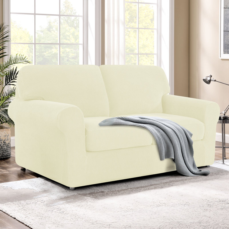 2 Seater Stretch Separate Box Cushion Loveseat Slipcover, Ivory White