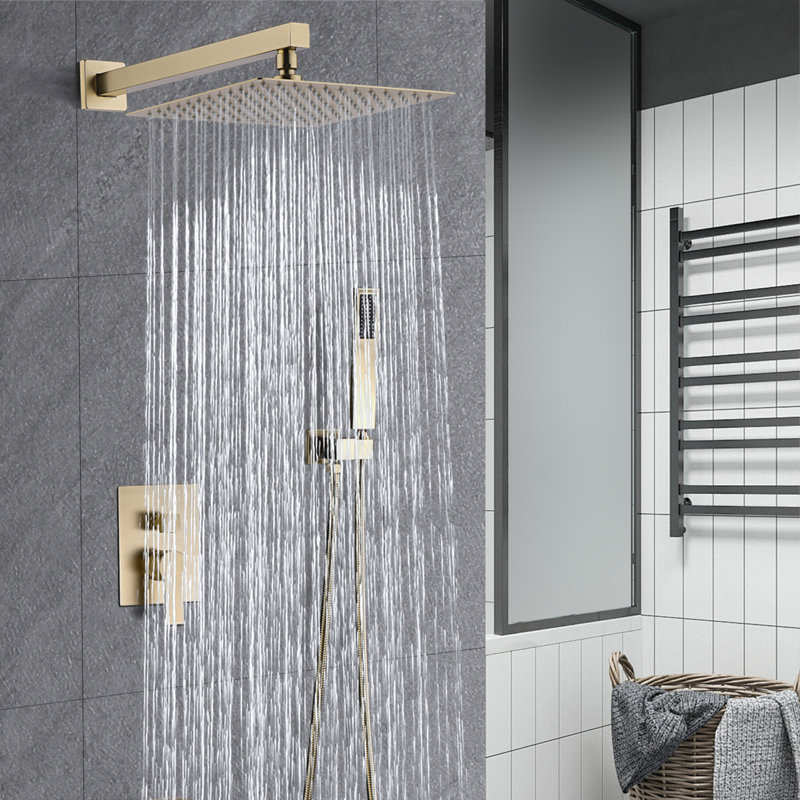 Système de douche mural en or brossé: ensemble de pomme de douche à pluie 12 po et mélangeur à main avec valve