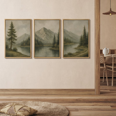 «Tranquil Mountain Lake Evergreen Landscape», reproduction d'art sur toile encadrée, 3 pièces