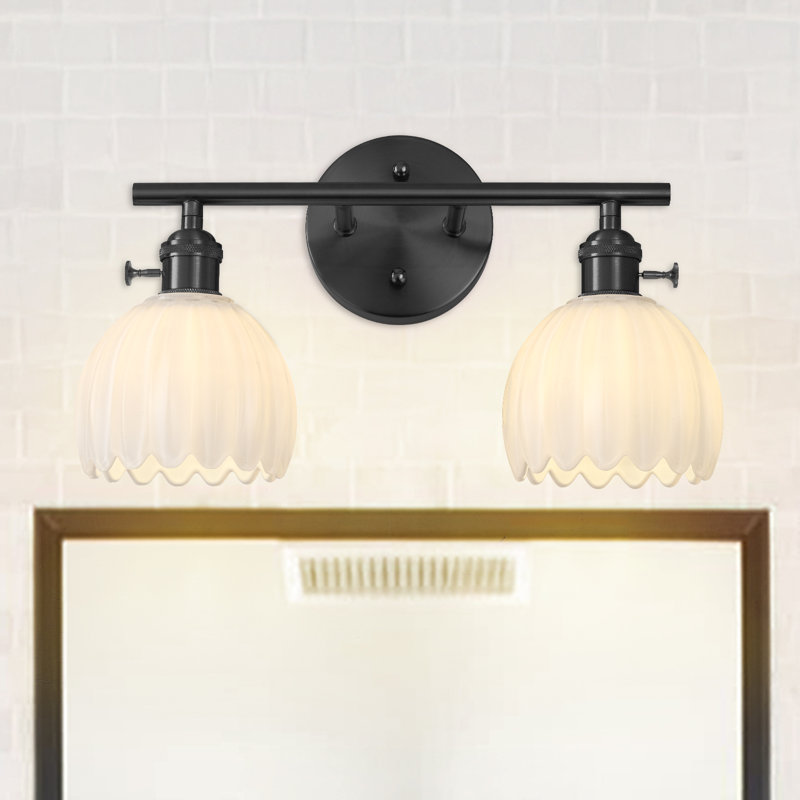 Luminaire de salle de bain à intensité variable avec abat-jour en verre blanc, Noir mat, H 9,17 po x l 14,9 po x P 6,8 po