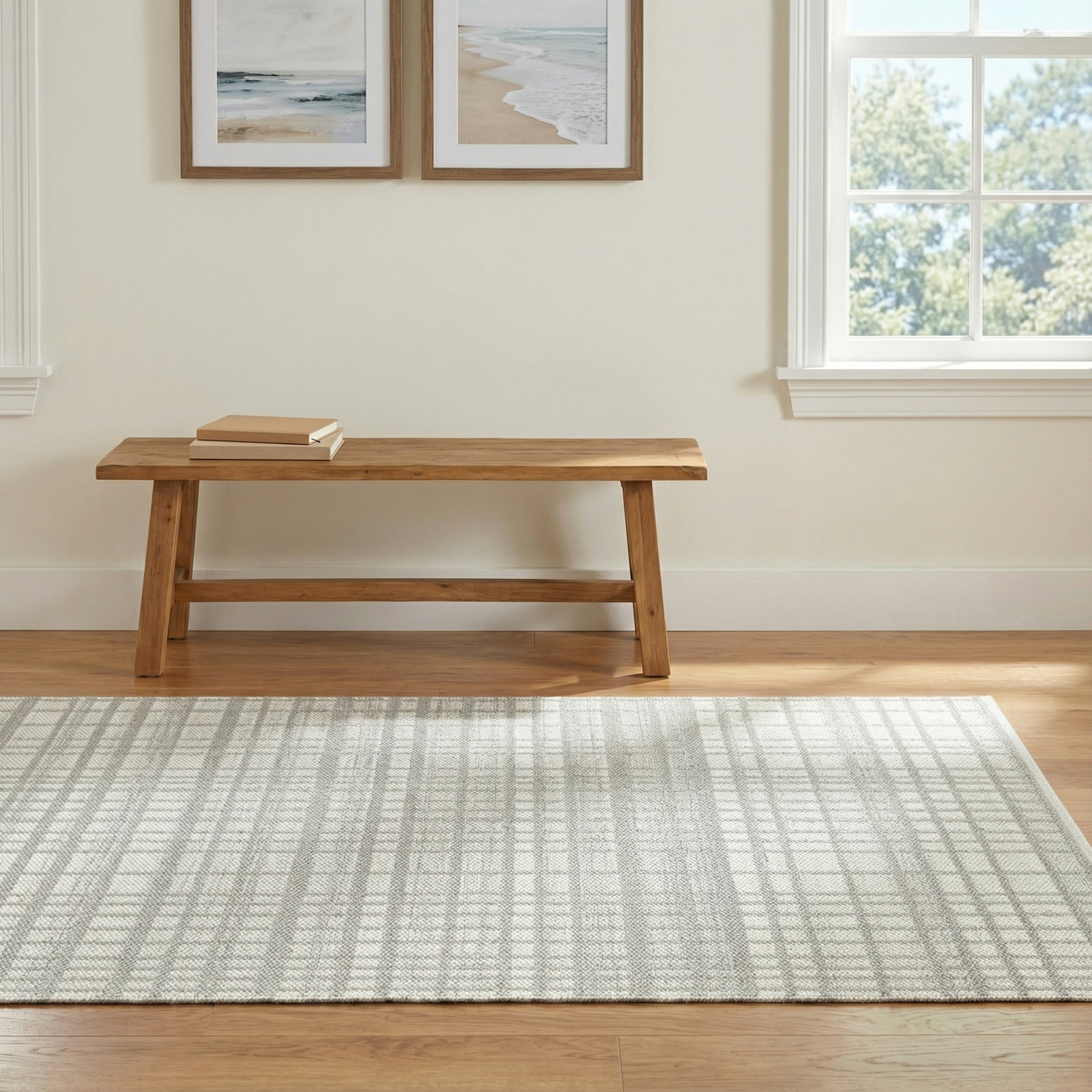 Lavande Plaid Wool Area Rug in Gray, Rectangle 5' x 7'6"