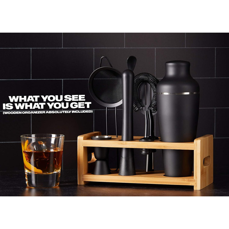 Matte Black 8-Piece Stainless Steel Cocktail Shaker Set with Bamboo Stand