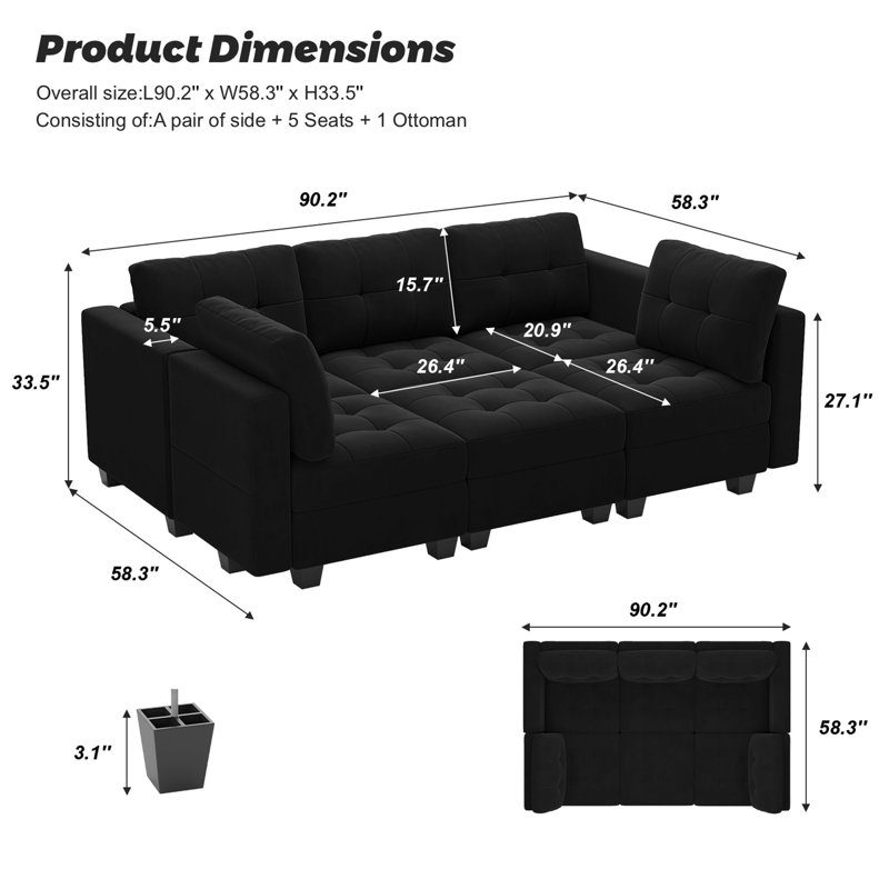 Canapé modulaire rembourré 7 pièces Soneson, Velours noir