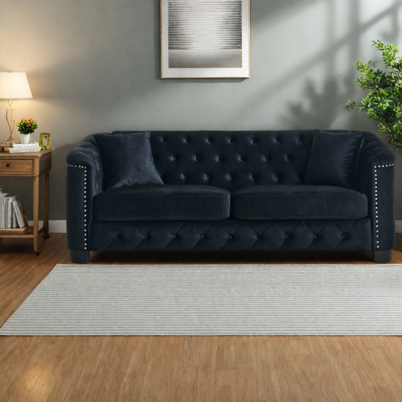 Compression Sofas Set, Black Velvet 5 Seat Chesterfield for Home