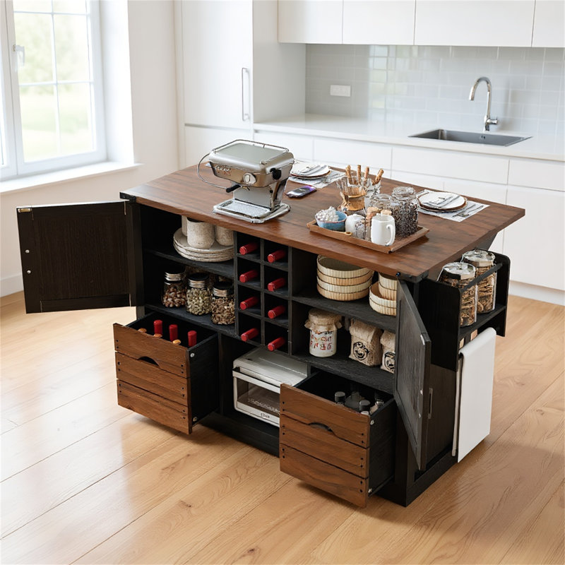 Rolling Kitchen Island With Drop Leaf, Power Outlet, 2 Cabinets, 2 Drawers, 4 Large Wheels, Spice Rack And Removable Hollow Wine Rack