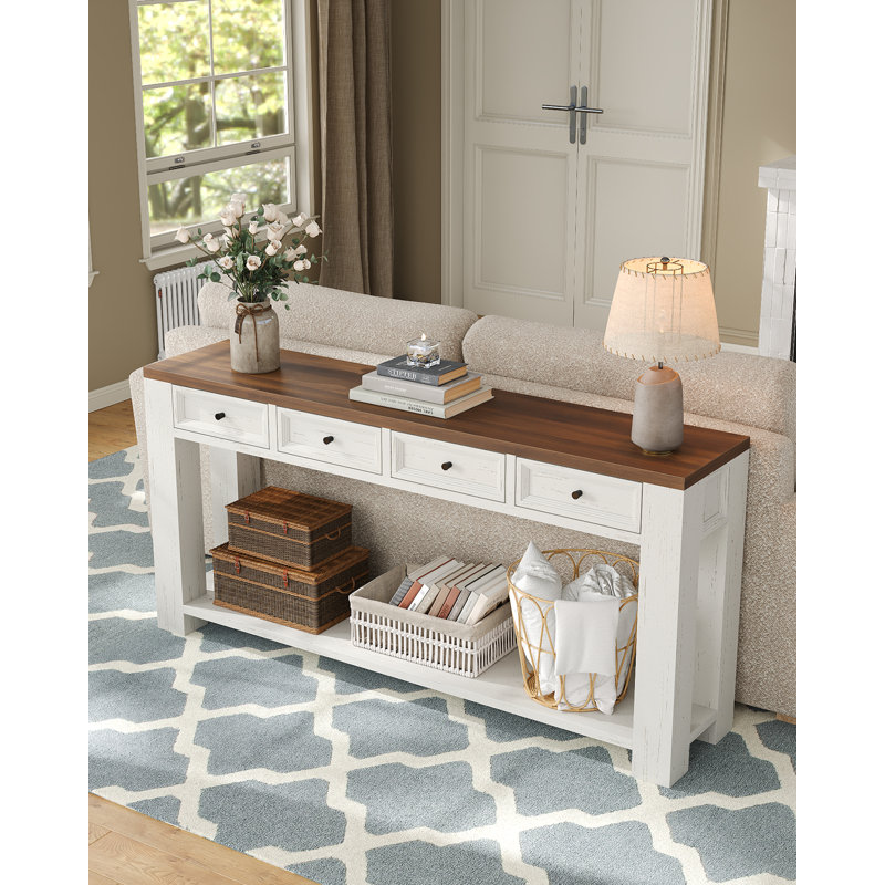 63 Inch Console Table, Sofa Table Behind Couch, Entryway Table With 4 Drawers & Open Shelf, Farmhouse Sofa Table For Living Room