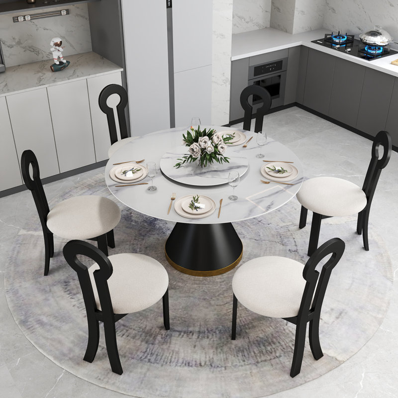 6 Seat Modern Round Sintered Stone Dining Table With Rotating Tray,modern Key-shaped Dining Chairs, White