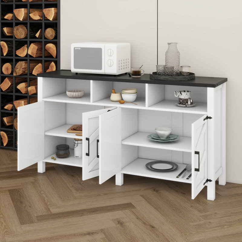 59'' Modern 4-Door Sideboard Buffet With Power Outlets & USB Ports, Adjustable Shelves And Half-Open Storage Cabinet