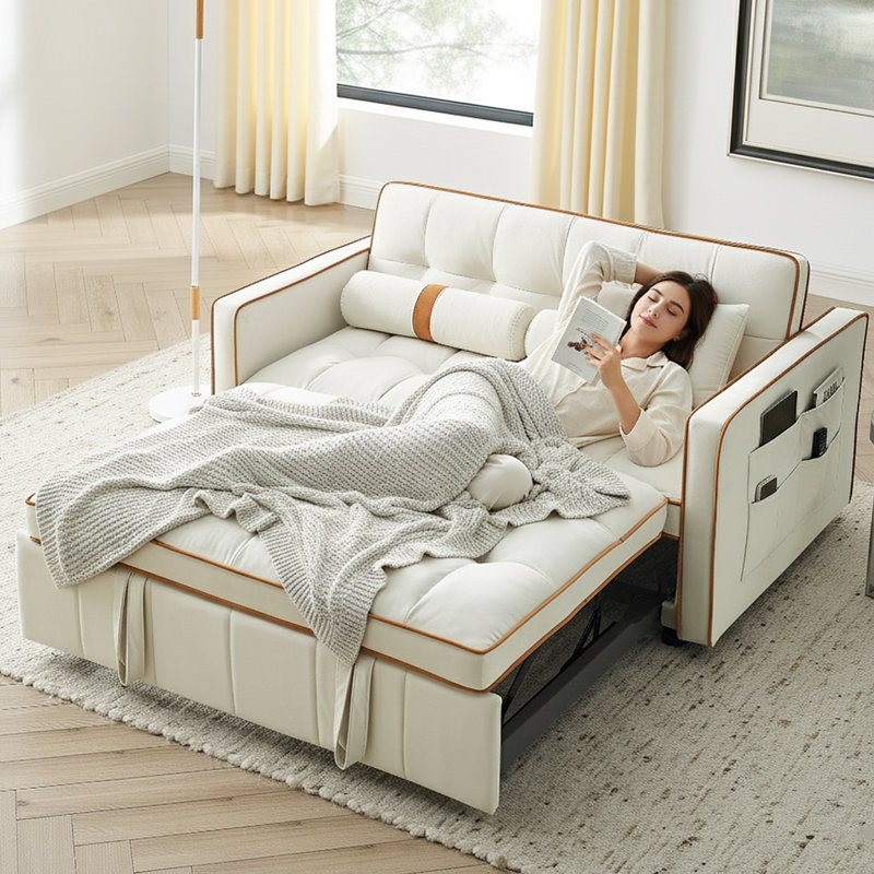Canapé-lit convertible l 55,5 po beige - lit escamotable, dossier réglable - canapé-lit