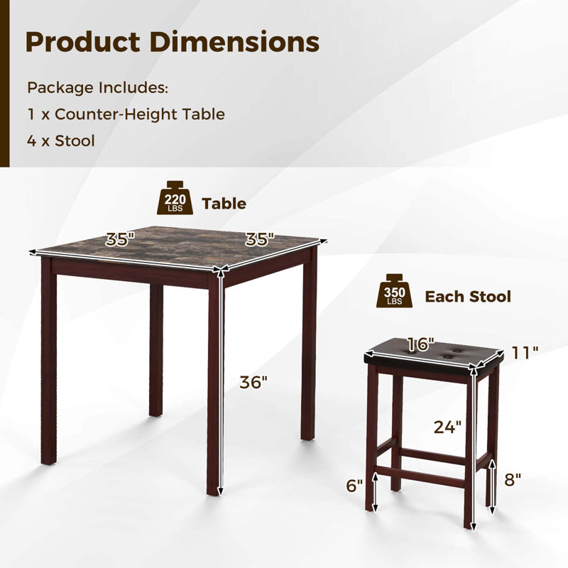 Ebern Designs 5 Pcs Bar Table Set Square Dining Table & 4 Pvc Leather Upholstered Bar Stools, Brown/Black