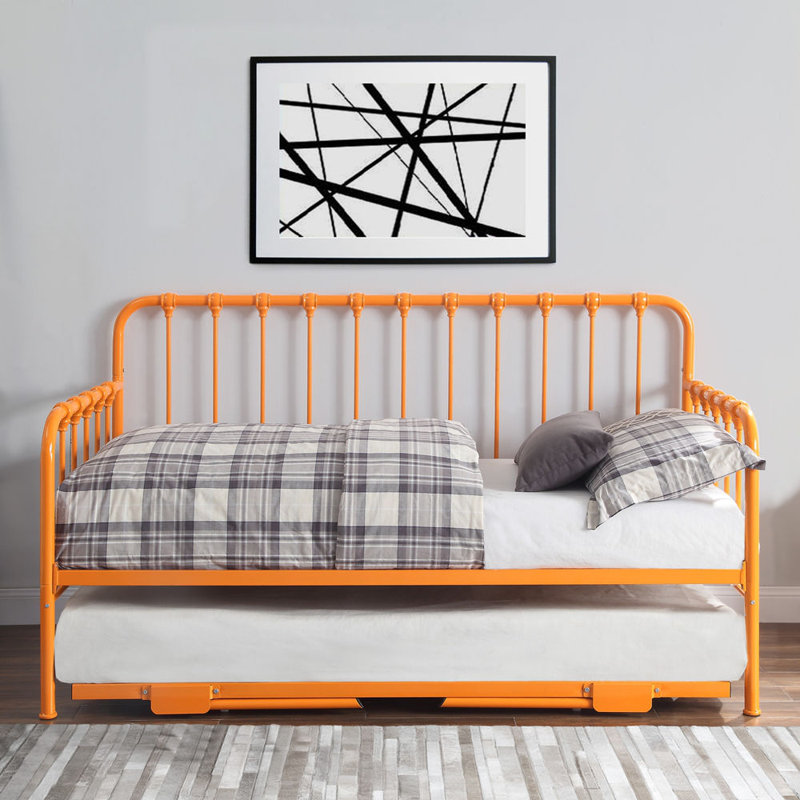 Daybed with Lift-up Trundle 1pc Finish Metal Frame Classic Design Home Furniture, Orange