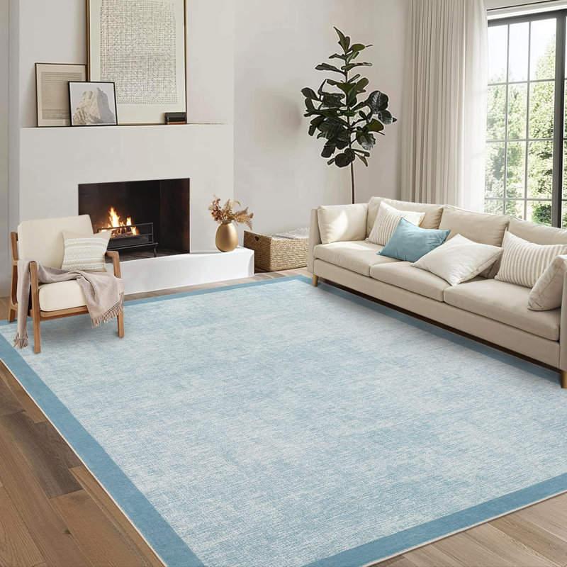 Bordered Machine Washable Rug with Rubber Backing Non Slip Soft Non Shedding Low Pile Thin Foldable Indoor Carpet, Light Blue