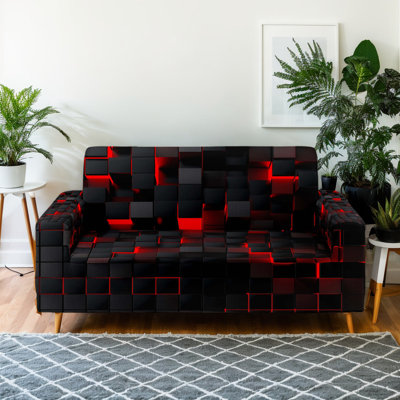 Black and Red 3D Cube Print Stretch Sofa Slipcover, 90 GSM Microfiber, 91" W, Machine Washable