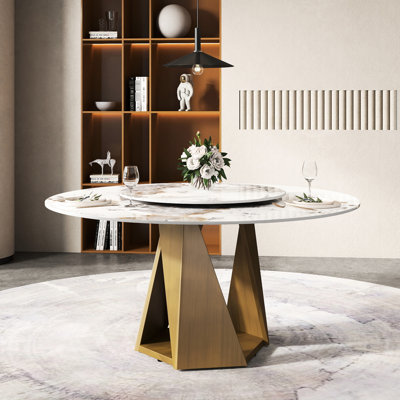 Table ronde en pierre frittée de 58,76 po pour 6 à 8 personnes, base en fer bronze, table tournante blanche de 31,5 po et table de salle à manger stable avec disque rotatif, pour les produits chimiques