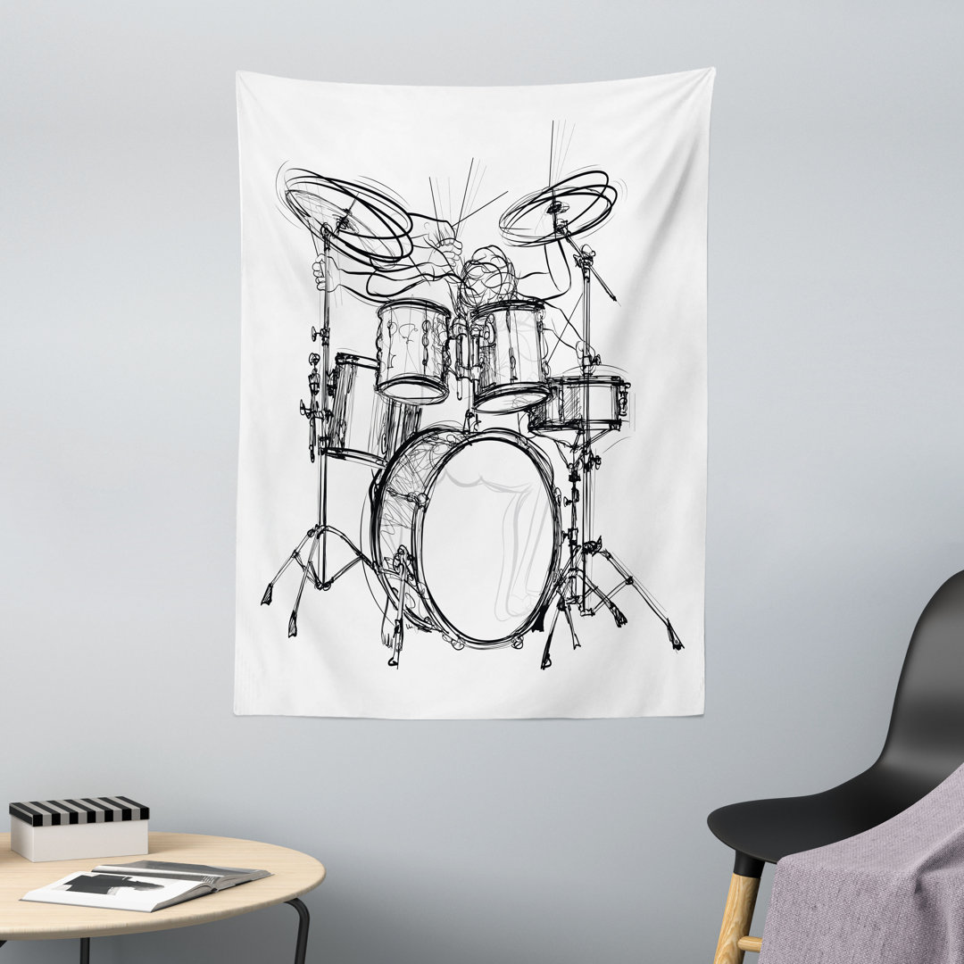 Wandteppich, Drummer Doodle Art, Weiß und Schwarz