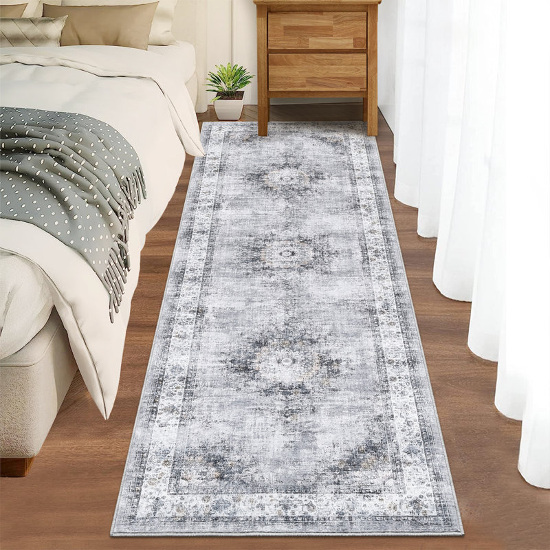 Machine Washable Rugs Oriental Floral Non-Slip Low Pile Rubber Backing Area Rug for Living Room Bedroom Kitchen Dining Room