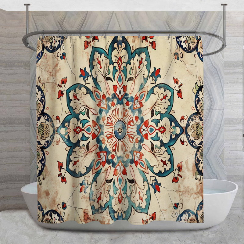 Rideau de douche Mandala complexe - Décoration de salle de bain traditionnelle, H 73 po x l 70 po