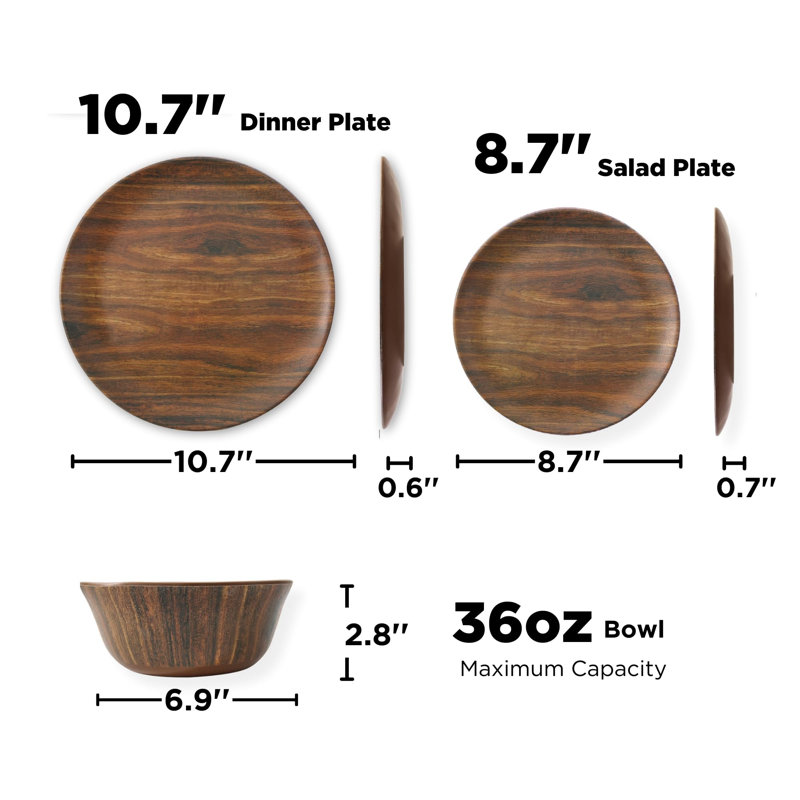 Service de table 12 pièces, service de vaisselle en mélamine avec bols et assiettes, service de vaisselle léger pour 4 personnes, grain de bois