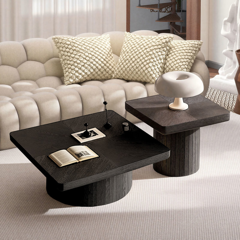 Ensemble de 2 tables basses gigognes modernes avec plateau de parquet et base piédestal, Noir