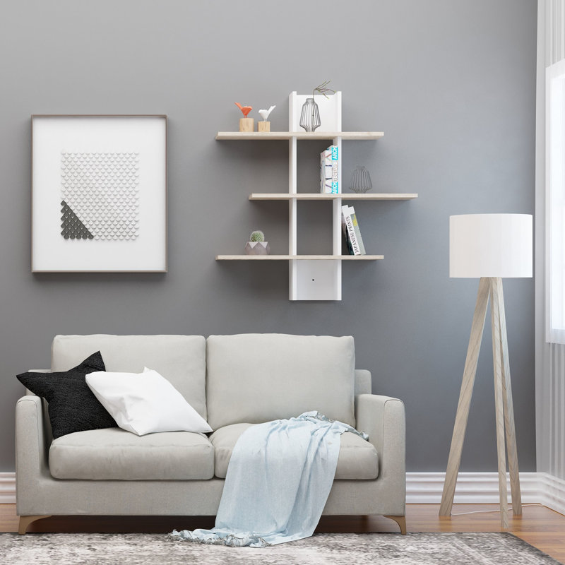 Tablette décorative 3 pièces avec tablettes réglables Abdalmalik, Blanc/chêne