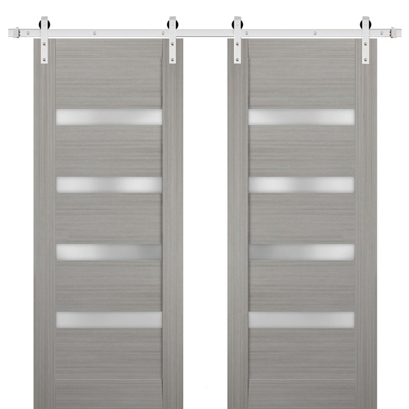 Portes de grange intérieures en bois givré Quadro avec ensemble de quincaillerie d'installation, 84 po x 96 po, Argent
