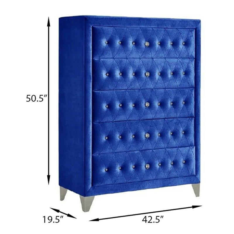 Commode rembourrée 5 tiroirs Ralston, Bleu