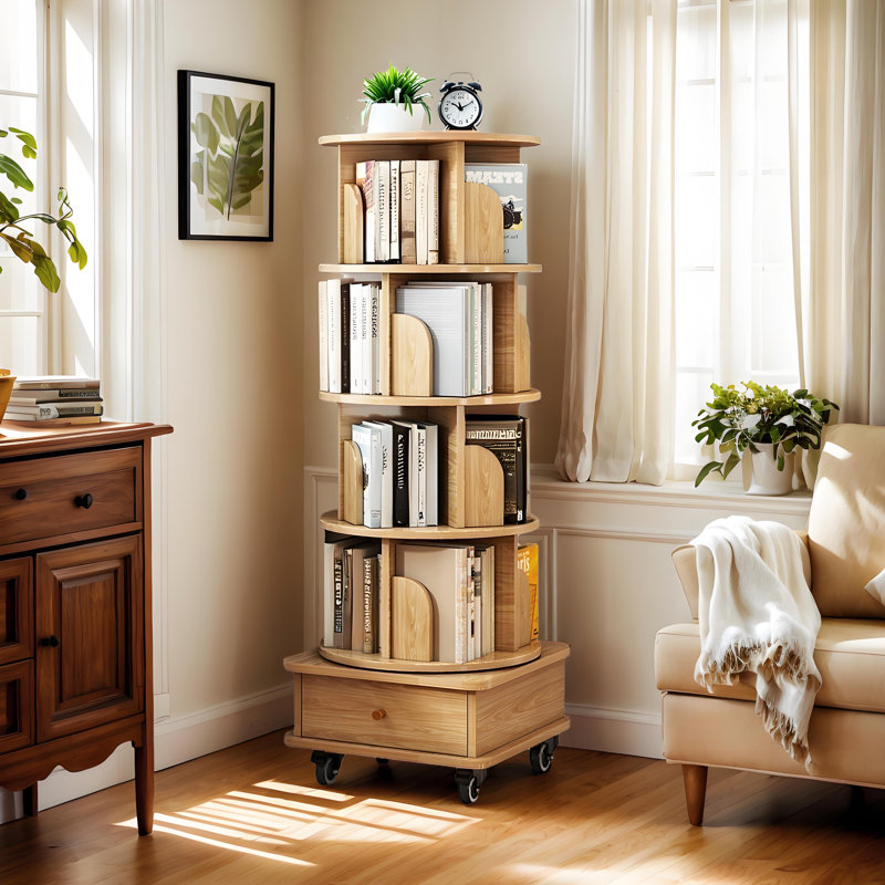 360° Rotating Bookshelf With Drawer, Oak, (5 Shelves) 55.91"H x 18.11"W x 18.11"D